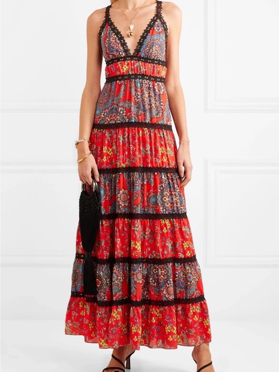 Alice + Olivia Dresses & Skirts - Alice + Olivia Red Floral Tiered Maxi Dress with Black Lace Trim